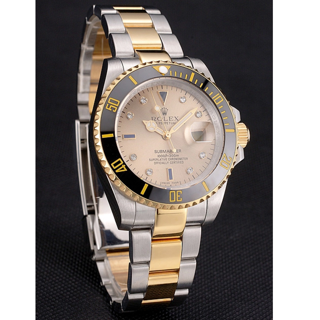 Rolex aaa copy Steel Tone Diamond Dial Gold Swiss Gold Black Bezel Markings Bracelet Submariner Rolex Two 0729